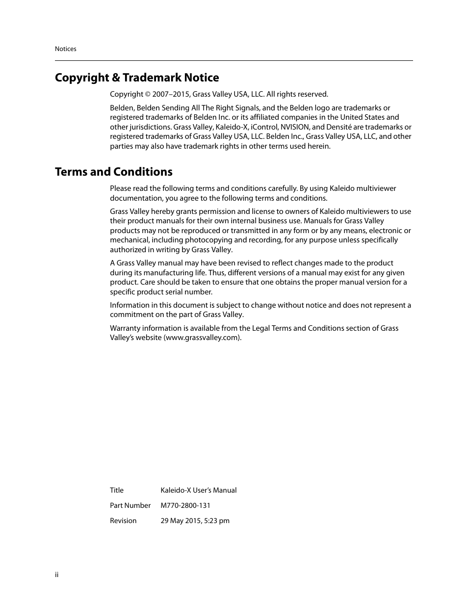 Copyright & trademark notice, Terms and conditions | Grass Valley Kaleido-X v.7.80 User Manual | Page 2 / 557