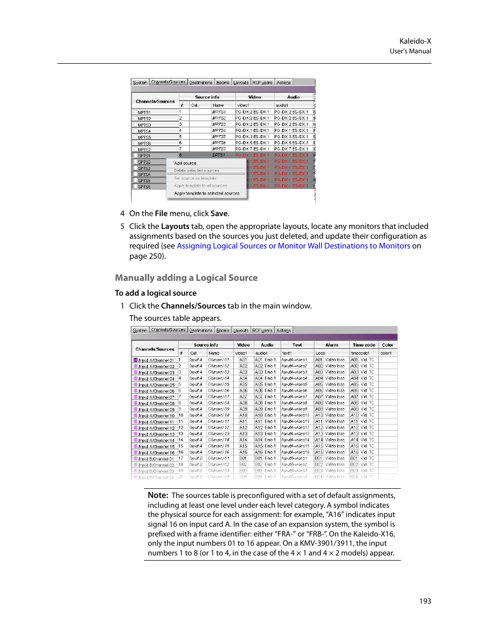 Manually adding a logical source | Grass Valley Kaleido-X v.7.80 User Manual | Page 201 / 557