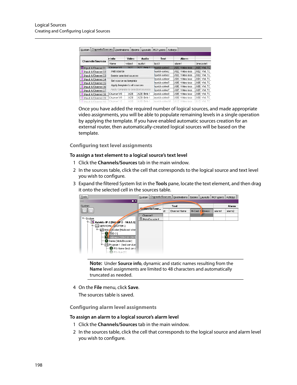 Configuring text level assignments, Configuring alarm level assignments | Grass Valley Kaleido-X v.7.80 User Manual | Page 206 / 557