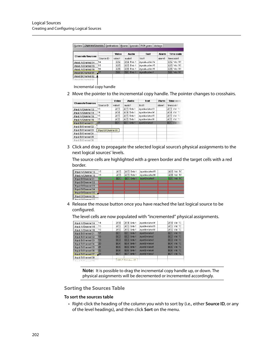 Sorting the sources table, Sorting, The sources table | Grass Valley Kaleido-X v.7.80 User Manual | Page 210 / 557