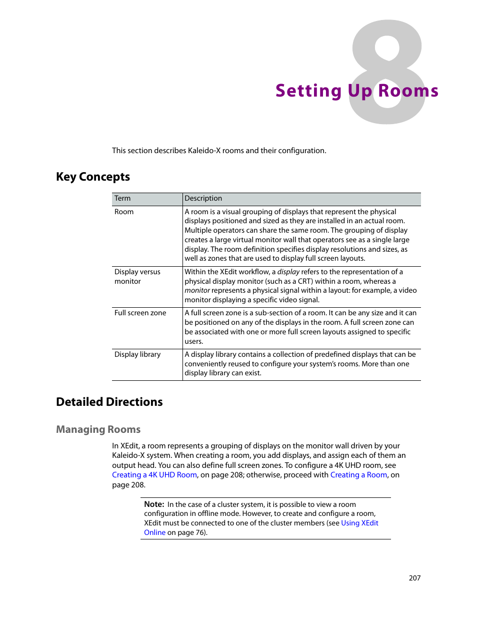 Setting up rooms, Key concepts, Detailed directions | Managing rooms, 8 setting up rooms, Key concepts detailed directions | Grass Valley Kaleido-X v.7.80 User Manual | Page 215 / 557