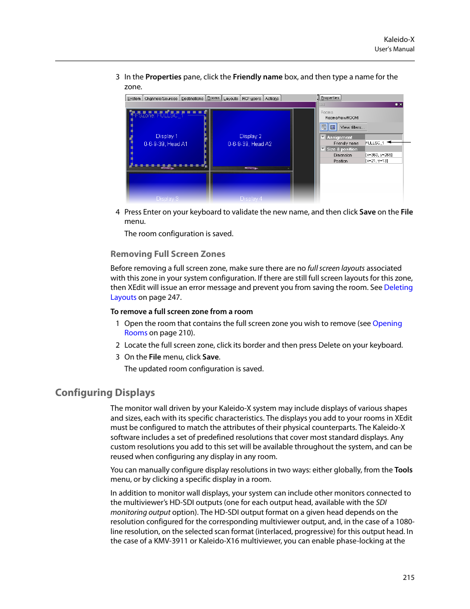Removing full screen zones, Configuring displays | Grass Valley Kaleido-X v.7.80 User Manual | Page 223 / 557