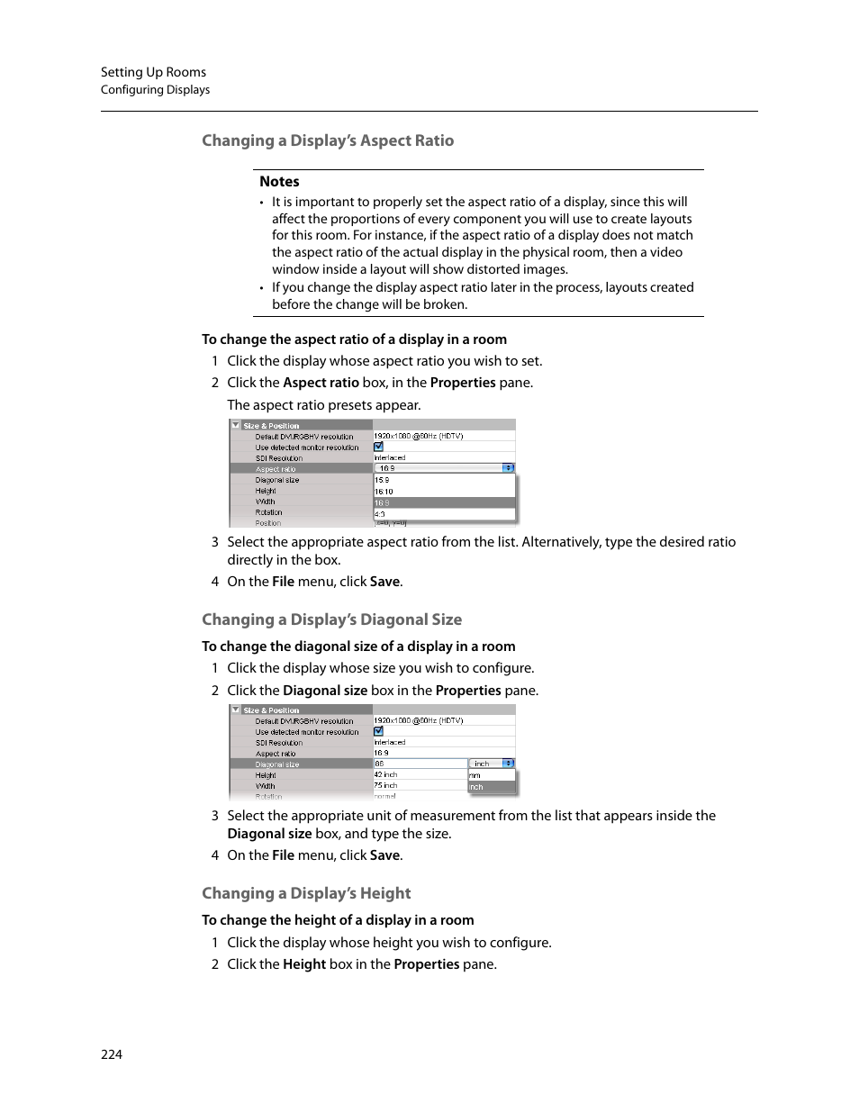 Changing a display’s aspect ratio, Changing a display’s diagonal size, Changing a display’s height | Grass Valley Kaleido-X v.7.80 User Manual | Page 232 / 557