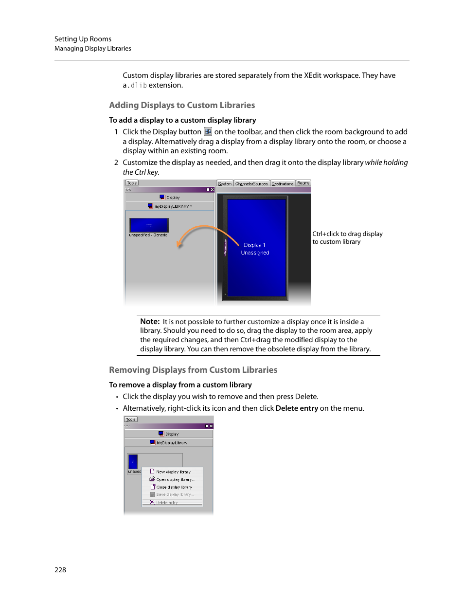 Adding displays to custom libraries, Removing displays from custom libraries | Grass Valley Kaleido-X v.7.80 User Manual | Page 236 / 557