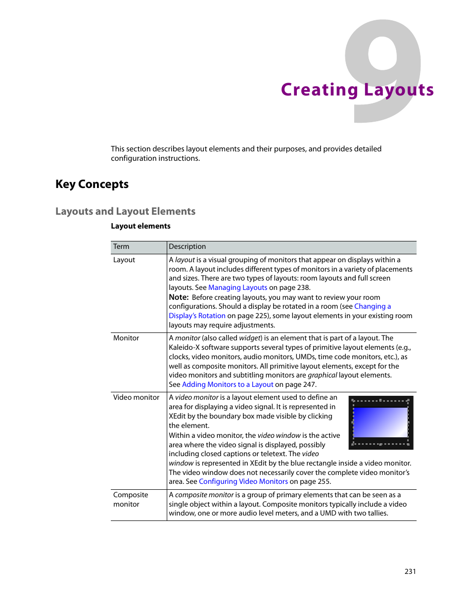 Creating layouts, Key concepts, Layouts and layout elements | 9 creating layouts | Grass Valley Kaleido-X v.7.80 User Manual | Page 239 / 557