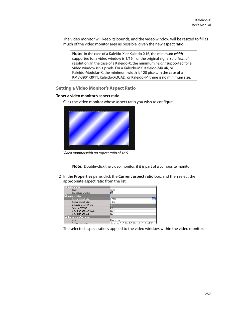 Setting a video monitor’s aspect ratio, Setting a video monitor’s aspect, Ratio | Setting a video monitor’s, Aspect ratio, Below | Grass Valley Kaleido-X v.7.80 User Manual | Page 265 / 557