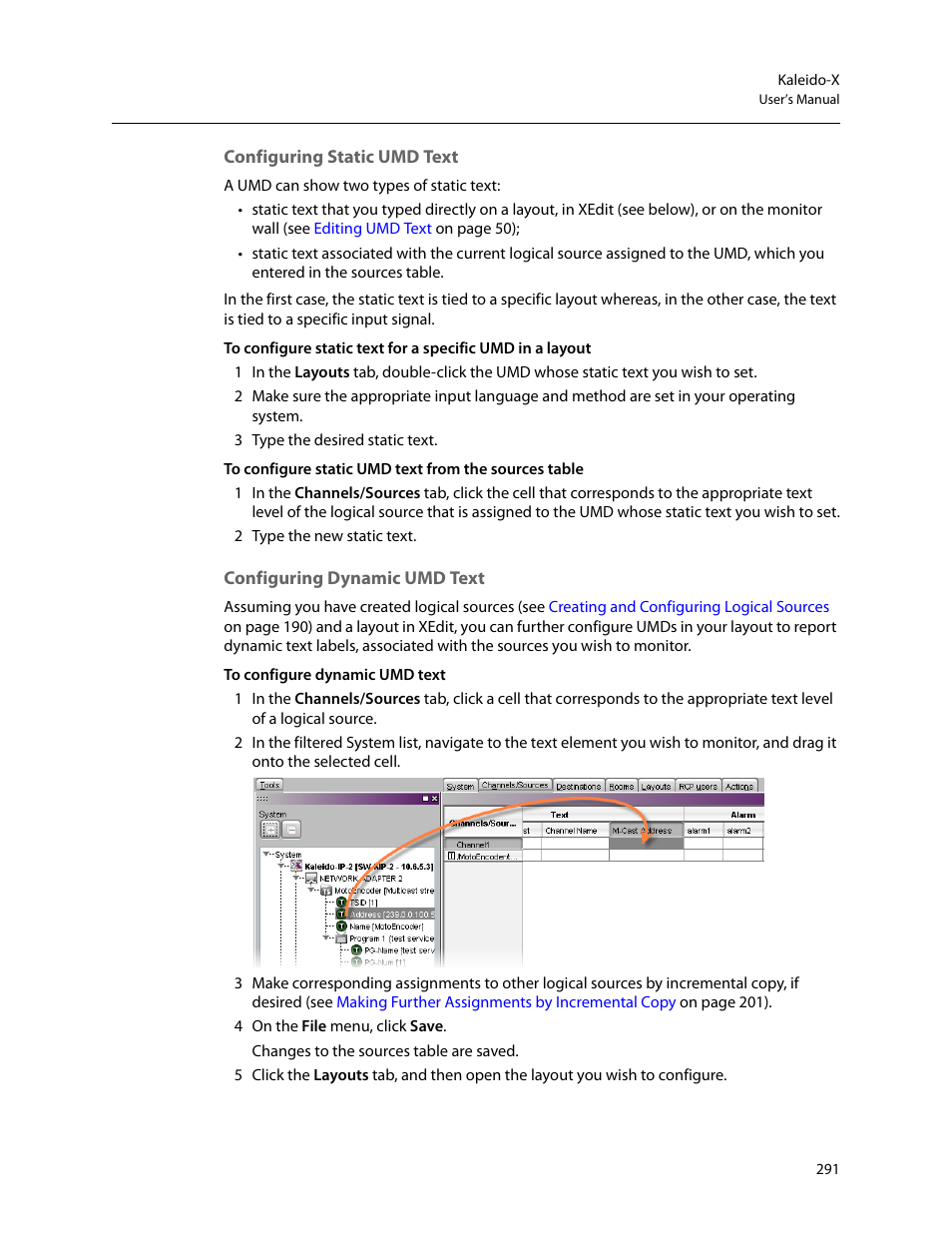 Configuring static umd text, Configuring dynamic umd text | Grass Valley Kaleido-X v.7.80 User Manual | Page 299 / 557