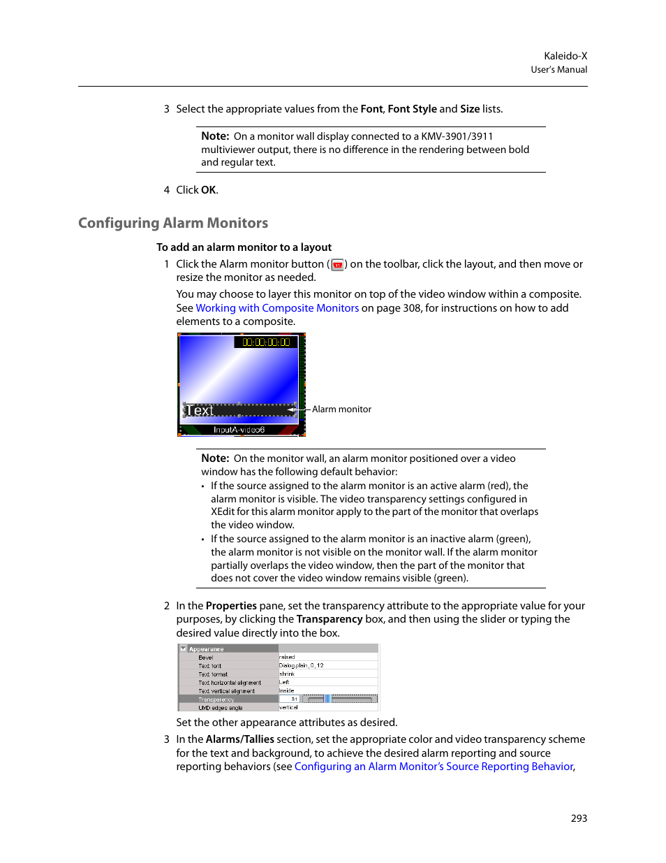 Configuring alarm monitors, Configuring alarm, Monitors | Grass Valley Kaleido-X v.7.80 User Manual | Page 301 / 557