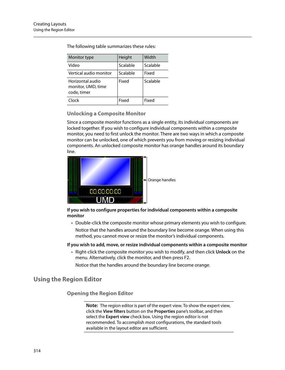 Unlocking a composite monitor, Using the region editor, Opening the region editor | Unlocking a composite, Monitor | Grass Valley Kaleido-X v.7.80 User Manual | Page 322 / 557