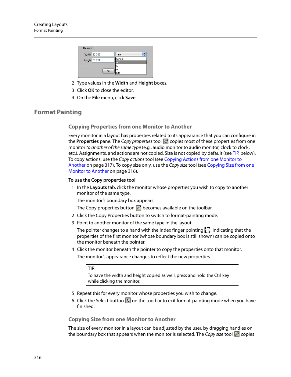Format painting, Copying properties from one monitor to another, Copying size from one monitor to another | Grass Valley Kaleido-X v.7.80 User Manual | Page 324 / 557
