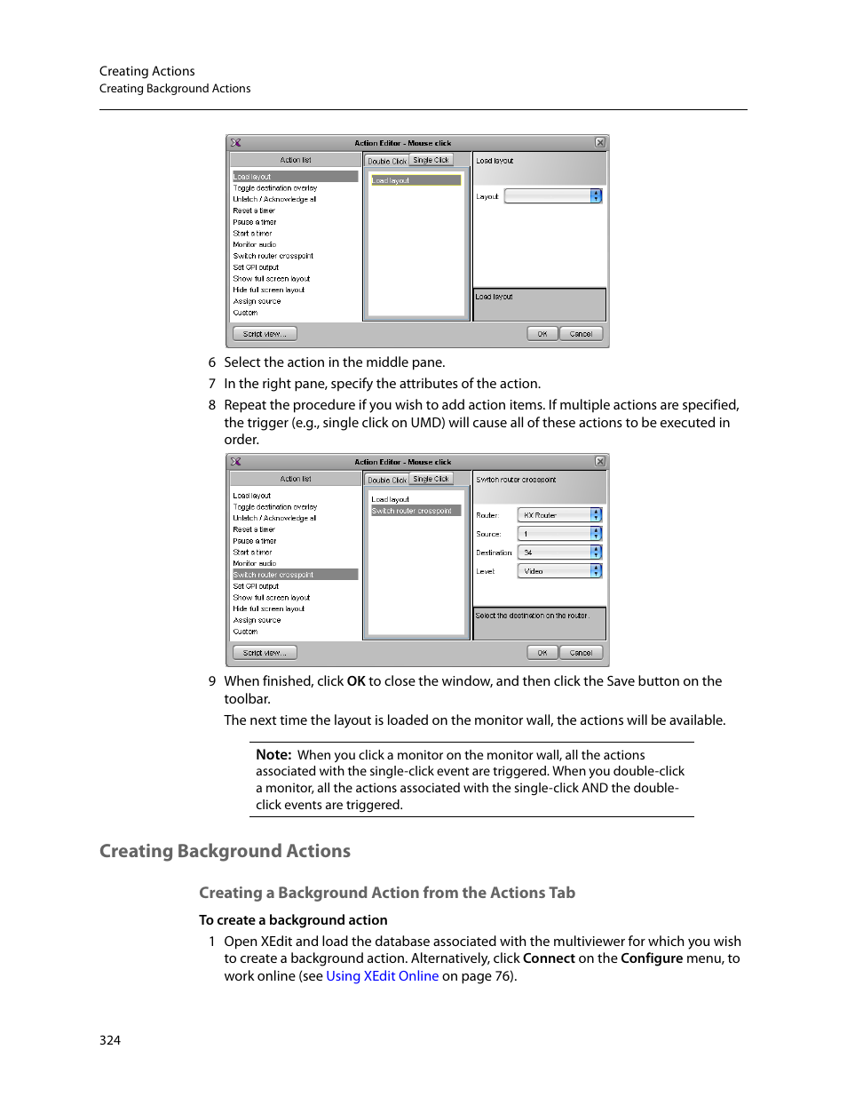 Creating background actions, Creating a background action from the actions tab | Grass Valley Kaleido-X v.7.80 User Manual | Page 332 / 557