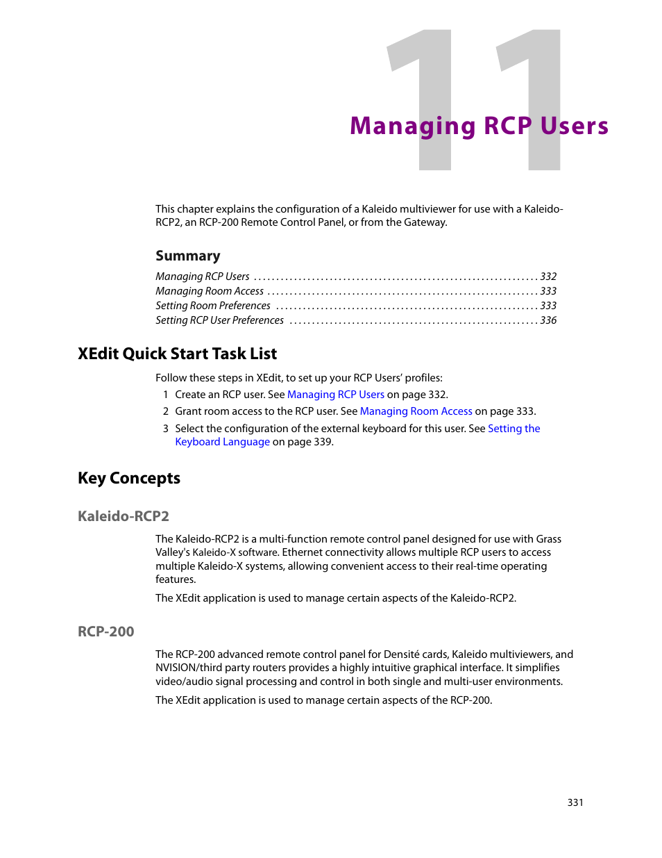 Managing rcp users, Xedit quick start task list, Key concepts | Kaleido-rcp2, Rcp-200, 11 managing rcp users, Xedit quick start task list key concepts, Kaleido-rcp2 rcp-200 | Grass Valley Kaleido-X v.7.80 User Manual | Page 339 / 557