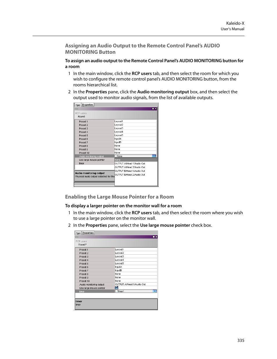 Enabling the large mouse pointer for a room, Enabling the large, Mouse pointer for a room | Grass Valley Kaleido-X v.7.80 User Manual | Page 343 / 557