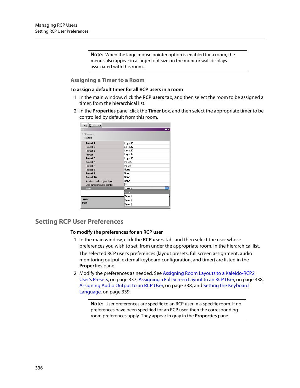 Assigning a timer to a room, Setting rcp user preferences | Grass Valley Kaleido-X v.7.80 User Manual | Page 344 / 557