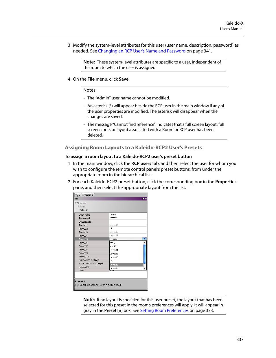 Assigning room layouts to a kaleido-rcp2, User’s presets | Grass Valley Kaleido-X v.7.80 User Manual | Page 345 / 557