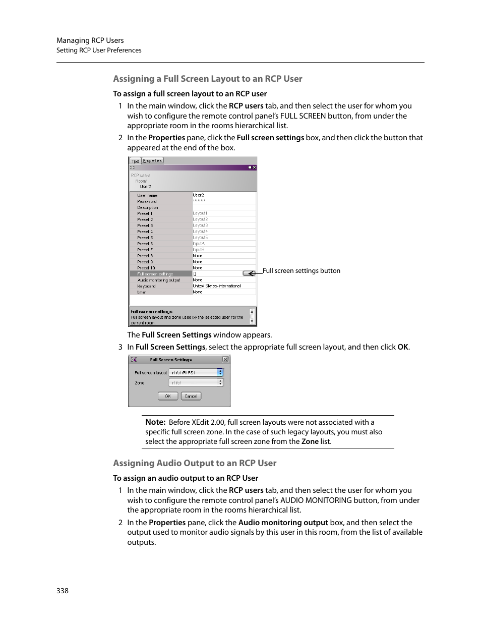 Assigning a full screen layout to an rcp user, Assigning audio output to an rcp user | Grass Valley Kaleido-X v.7.80 User Manual | Page 346 / 557