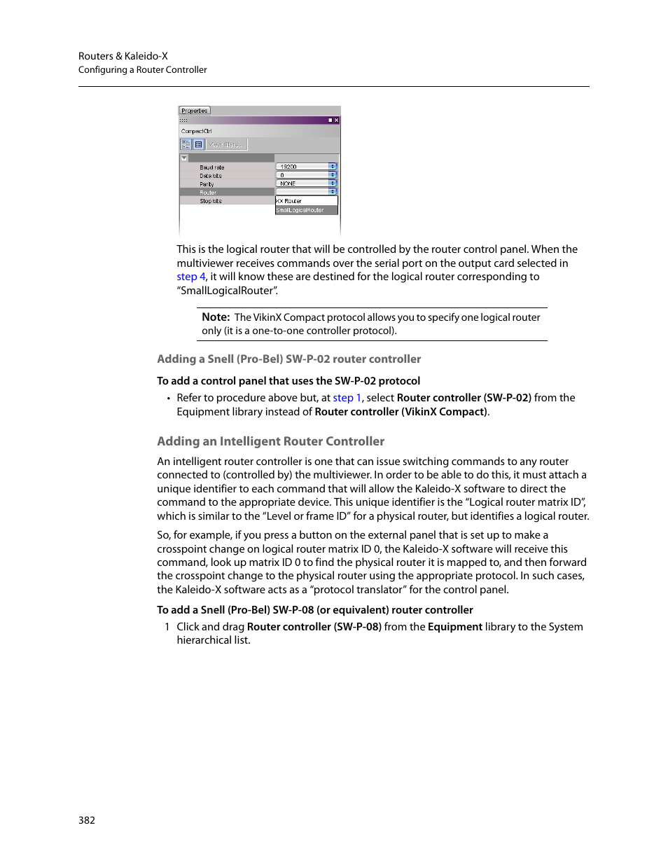 Adding a snell (pro-bel) sw-p-02 router controller, Adding an intelligent router controller | Grass Valley Kaleido-X v.7.80 User Manual | Page 390 / 557
