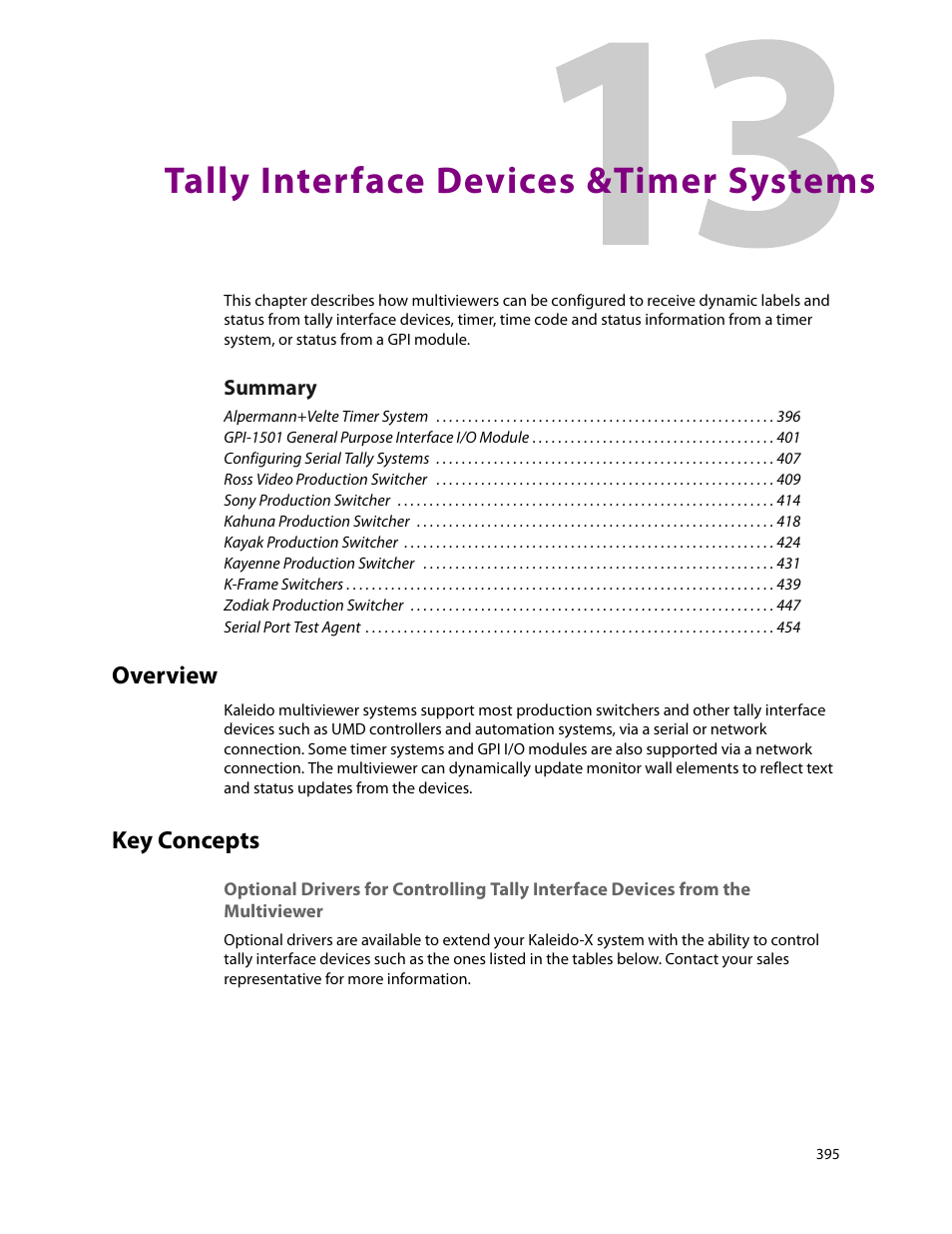 Tally interface devices &timer systems, Overview, Key concepts | 13 tally interface devices &timer systems, Overview key concepts | Grass Valley Kaleido-X v.7.80 User Manual | Page 403 / 557