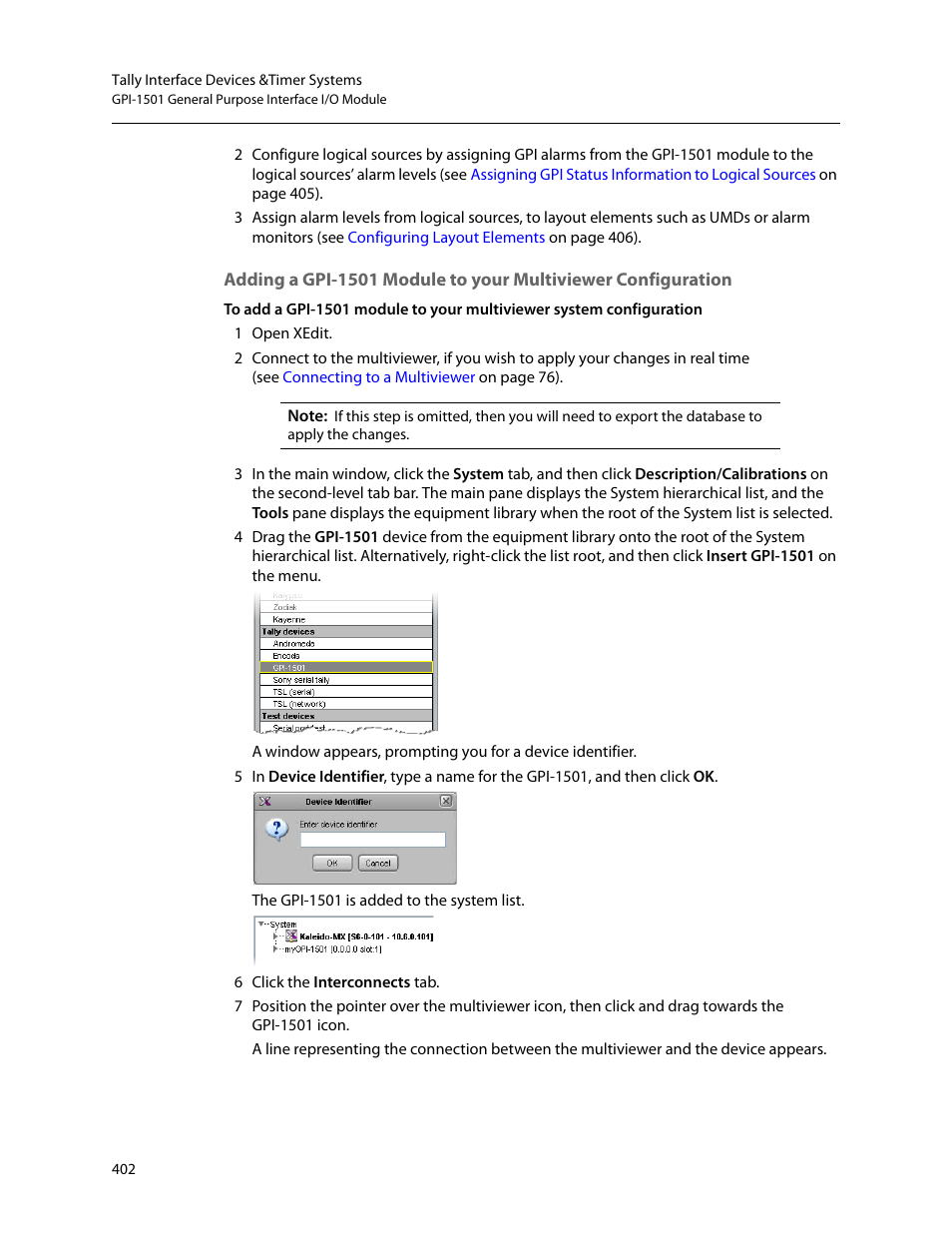 Adding a gpi-1501 module to your multiviewer, Configuration | Grass Valley Kaleido-X v.7.80 User Manual | Page 410 / 557