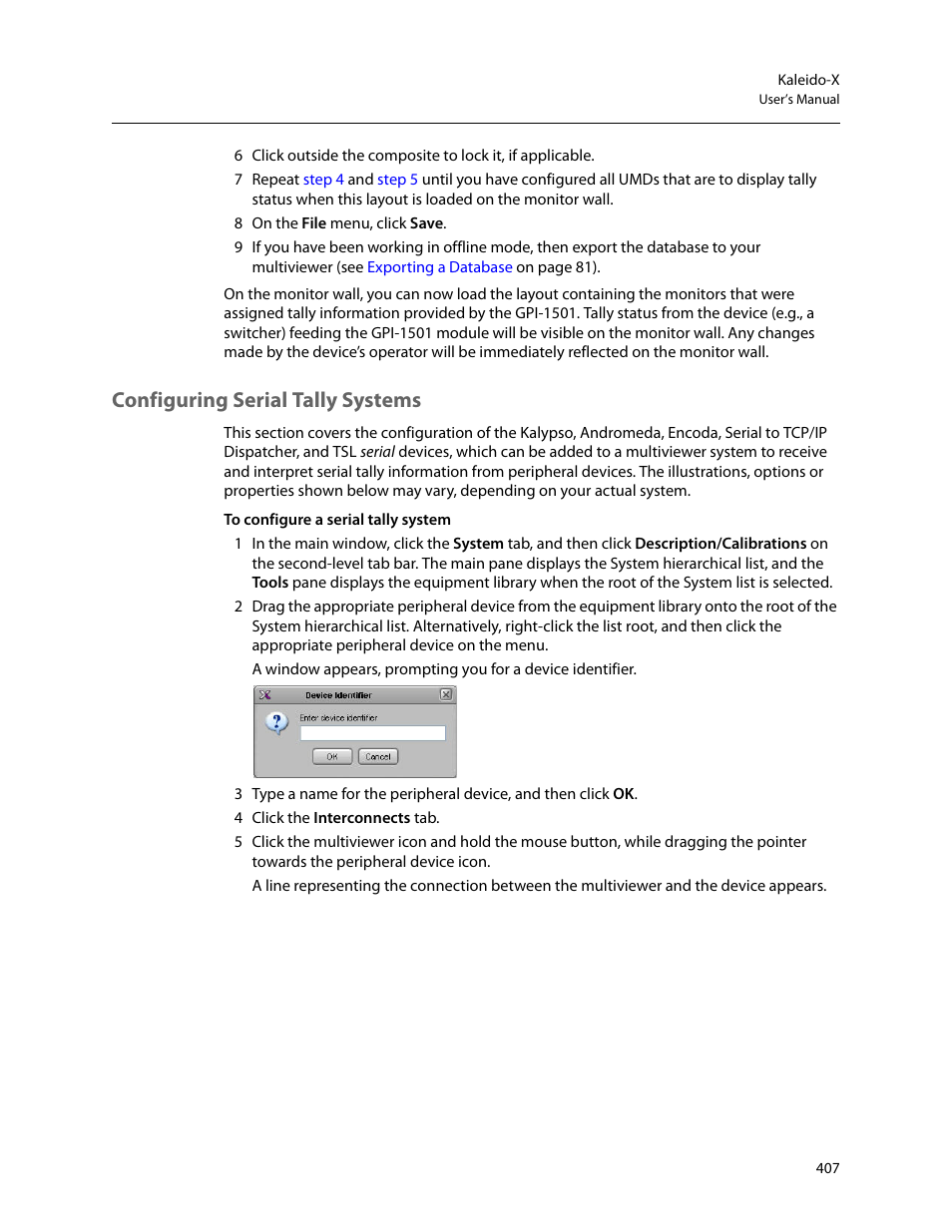 Configuring serial tally systems | Grass Valley Kaleido-X v.7.80 User Manual | Page 415 / 557