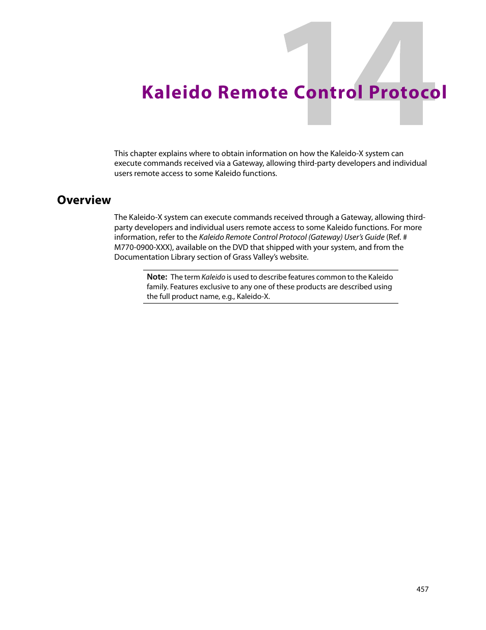 Kaleido remote control protocol, Overview, 14 kaleido remote control protocol | Grass Valley Kaleido-X v.7.80 User Manual | Page 465 / 557