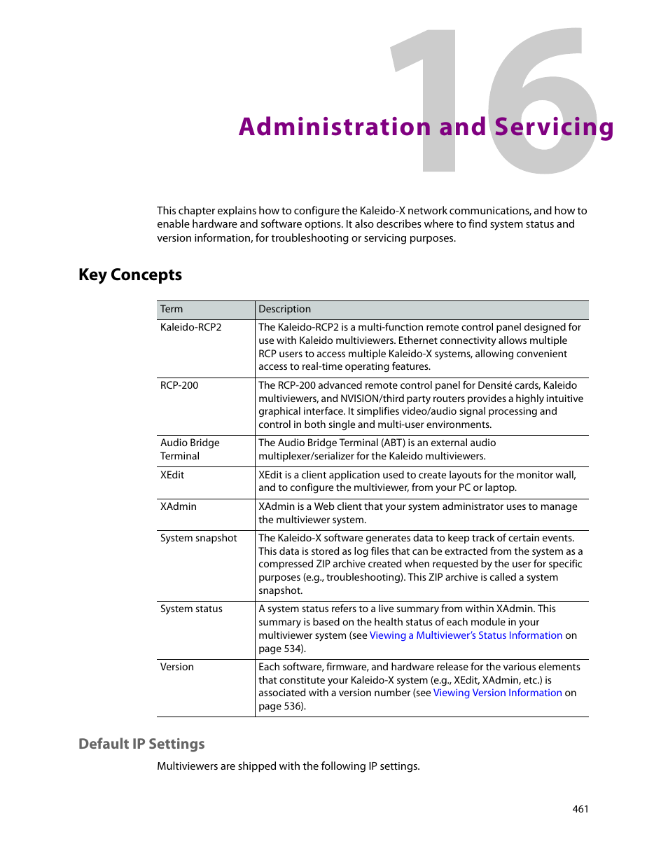 Administration and servicing, Key concepts, Default ip settings | 16 administration and servicing | Grass Valley Kaleido-X v.7.80 User Manual | Page 469 / 557