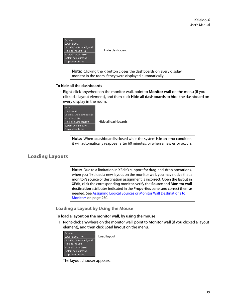 Loading layouts, Loading a layout by using the mouse | Grass Valley Kaleido-X v.7.80 User Manual | Page 47 / 557