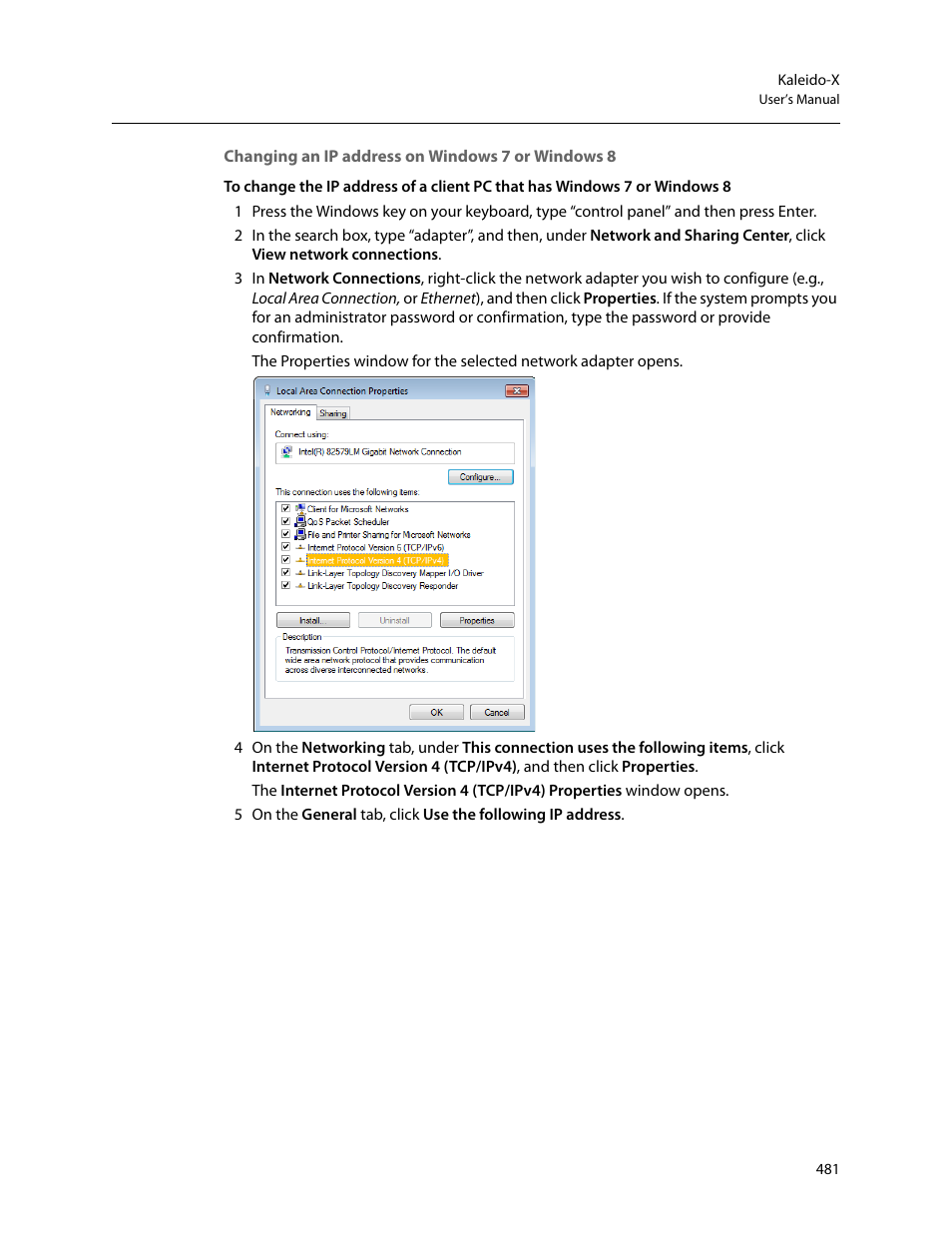 Changing an ip address on windows 7 or windows 8 | Grass Valley Kaleido-X v.7.80 User Manual | Page 489 / 557