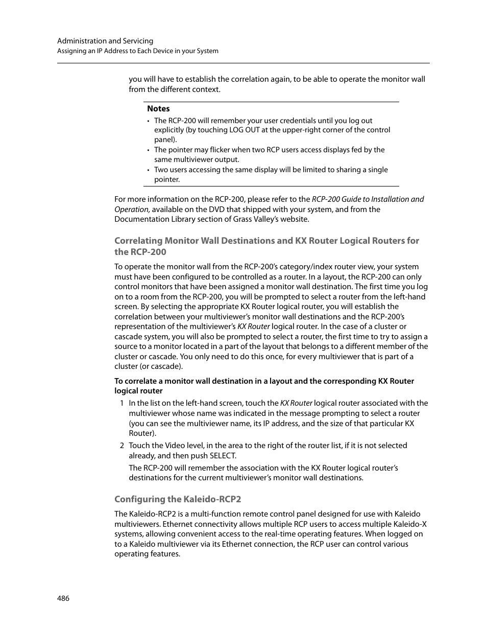 Configuring the kaleido-rcp2, For the rcp-200, Correlating | Grass Valley Kaleido-X v.7.80 User Manual | Page 494 / 557