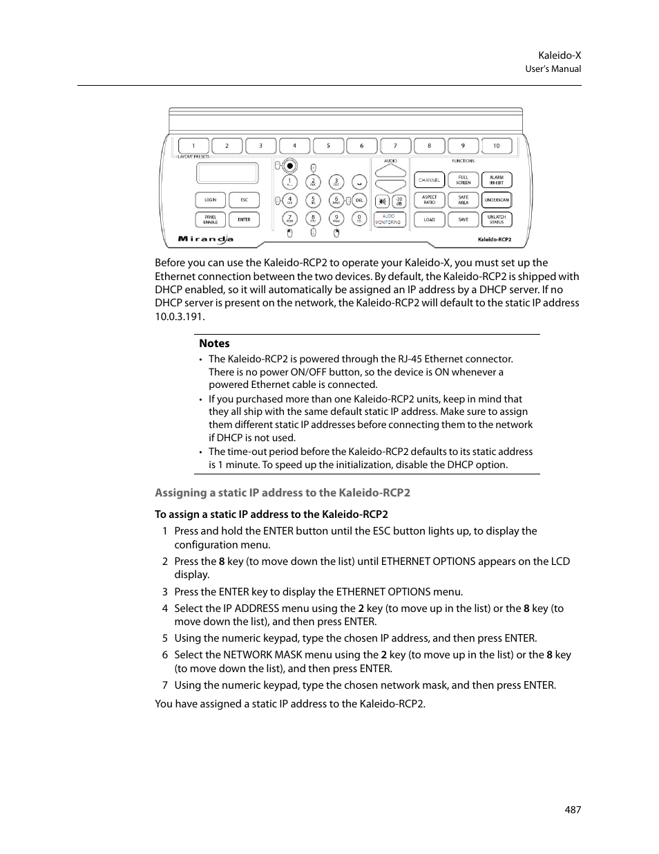 Assigning a static ip address to the kaleido-rcp2 | Grass Valley Kaleido-X v.7.80 User Manual | Page 495 / 557