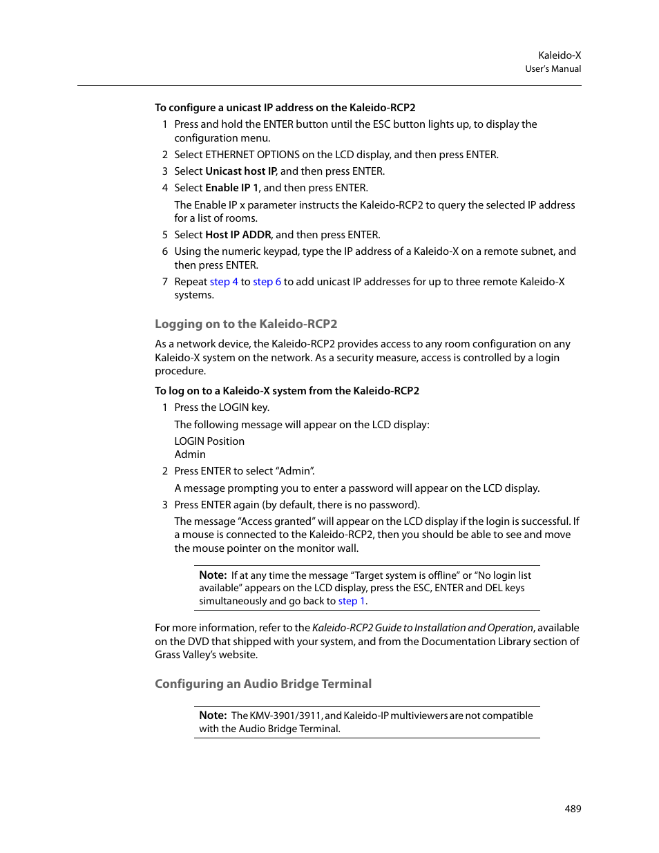 Logging on to the kaleido-rcp2, Configuring an audio bridge terminal, Configuring an audio | Bridge terminal, Oom. see | Grass Valley Kaleido-X v.7.80 User Manual | Page 497 / 557