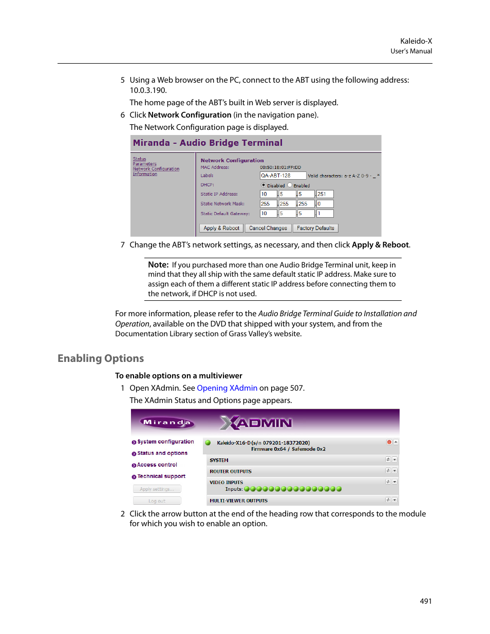 Enabling options, Enabling, Options | Grass Valley Kaleido-X v.7.80 User Manual | Page 499 / 557