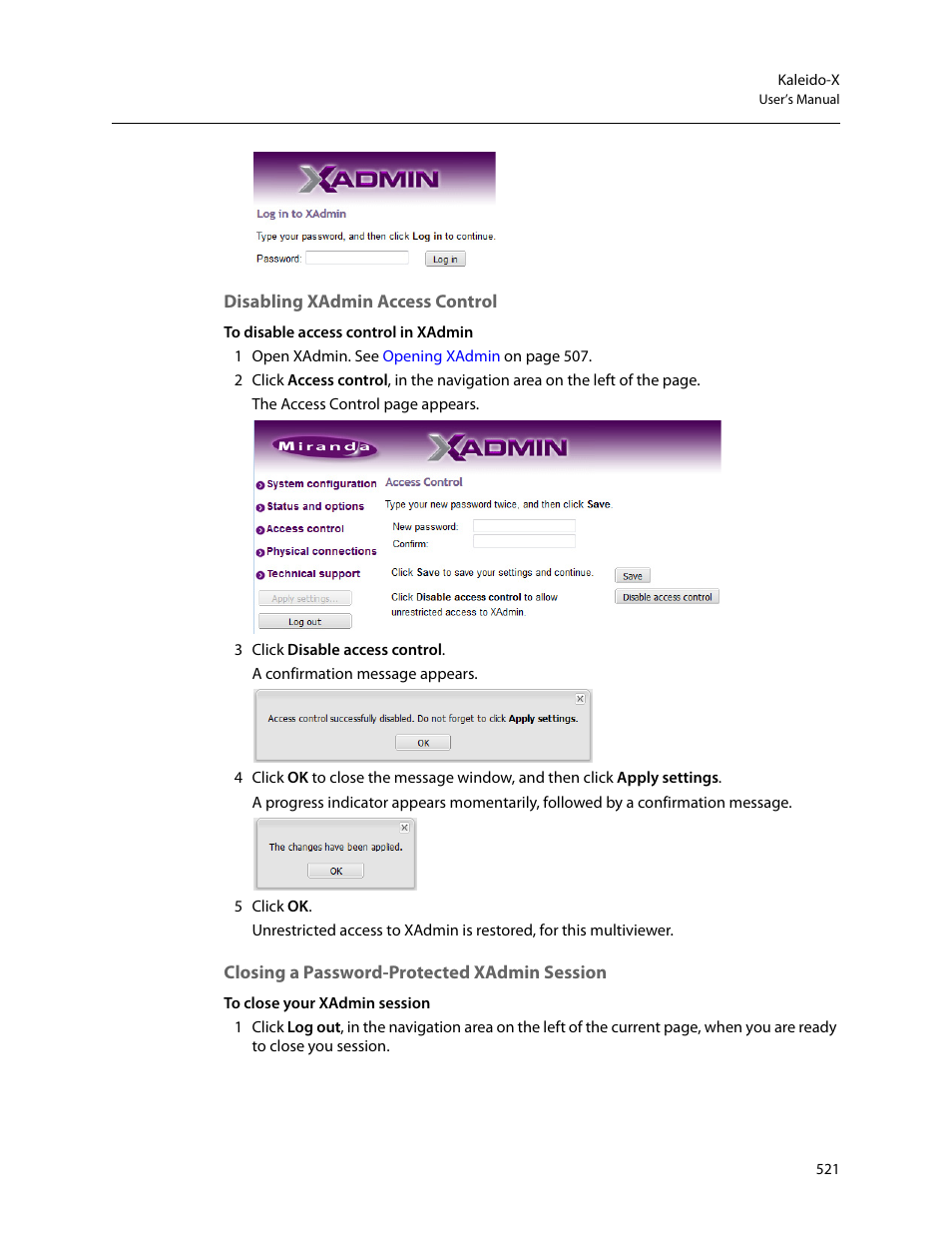 Disabling xadmin access control, Closing a password-protected xadmin session | Grass Valley Kaleido-X v.7.80 User Manual | Page 529 / 557