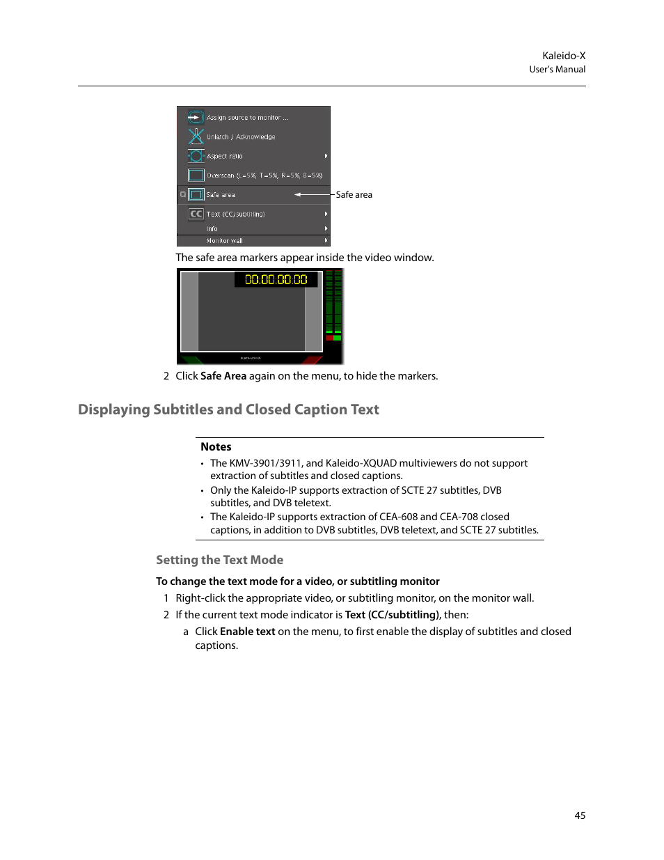 Displaying subtitles and closed caption text, Setting the text mode | Grass Valley Kaleido-X v.7.80 User Manual | Page 53 / 557