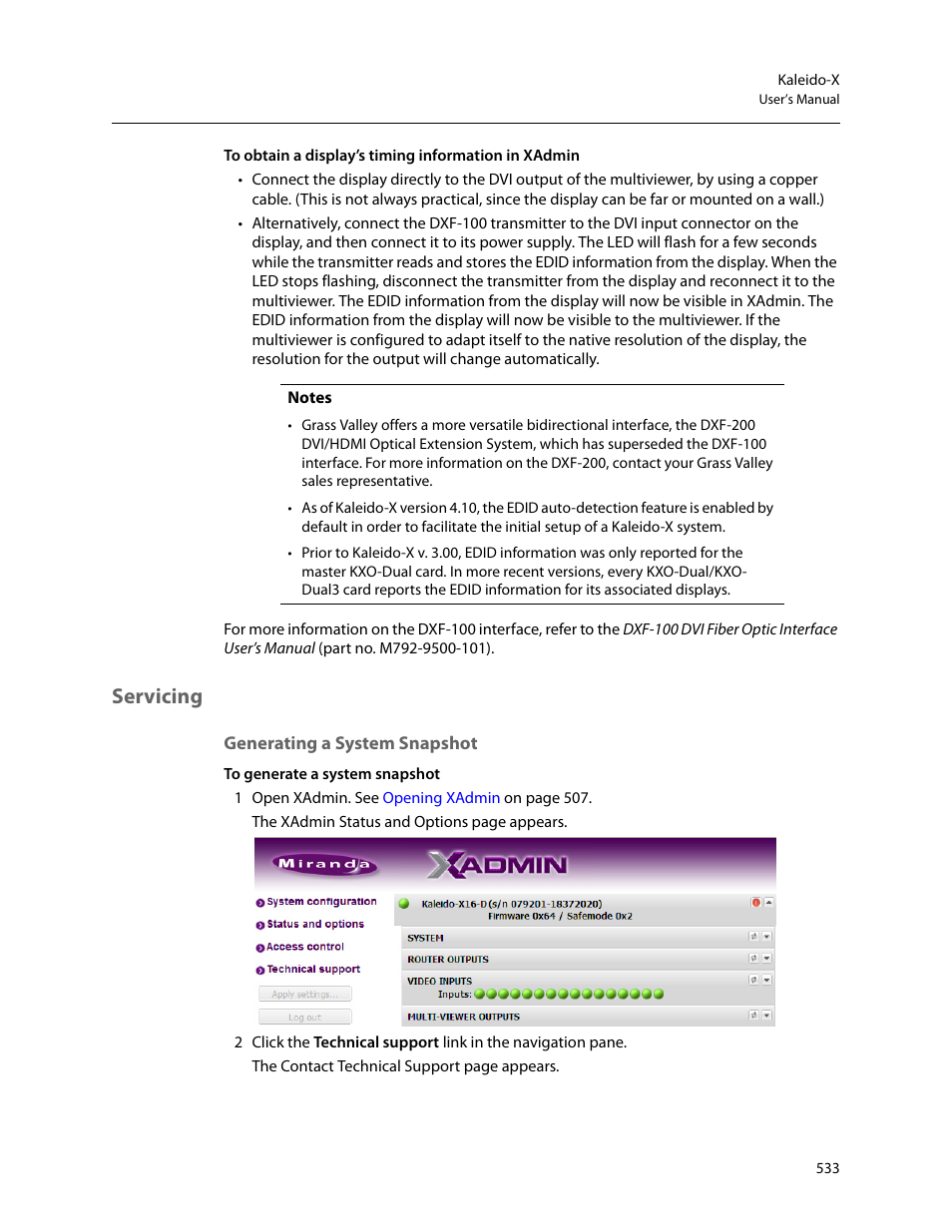 Servicing, Generating a system snapshot | Grass Valley Kaleido-X v.7.80 User Manual | Page 541 / 557
