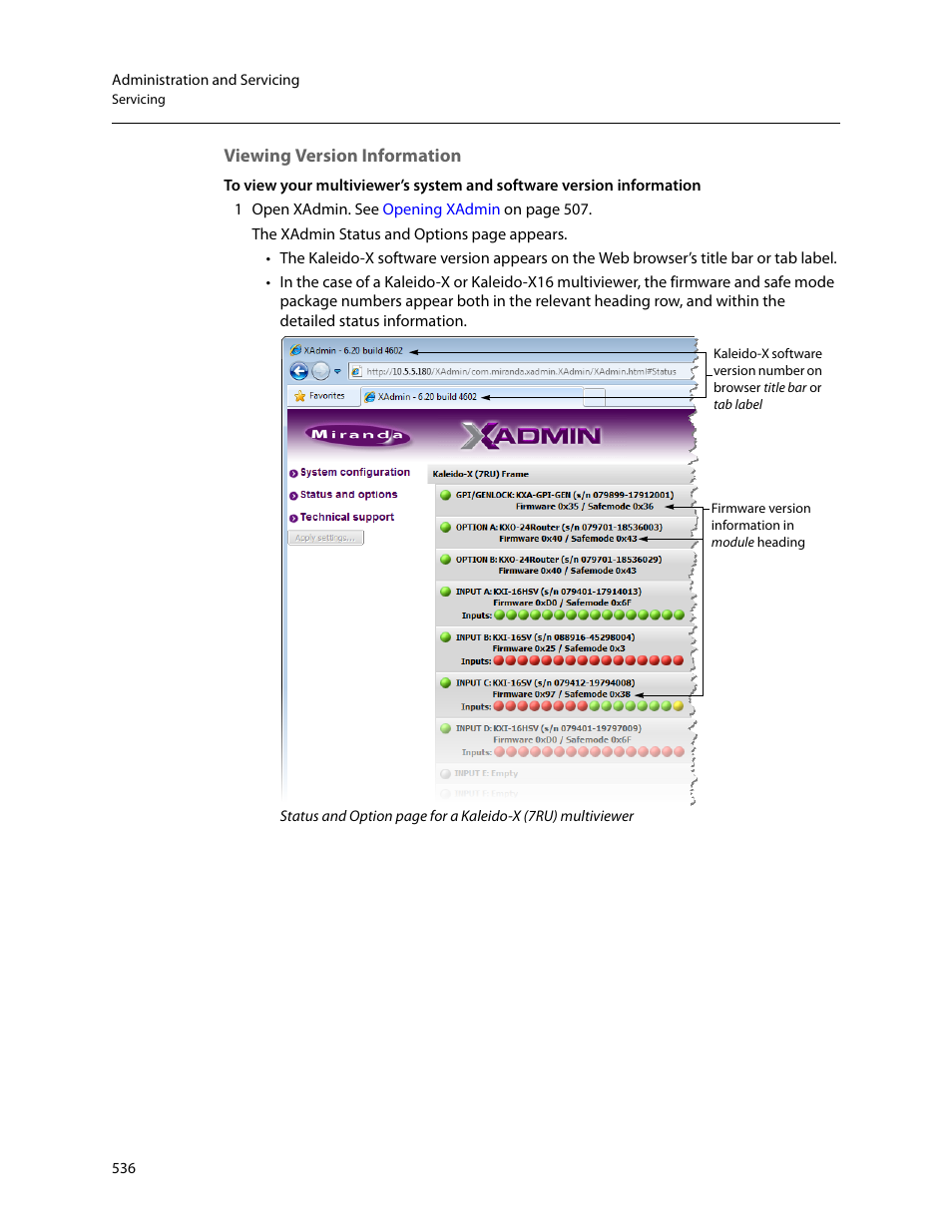 Viewing version information | Grass Valley Kaleido-X v.7.80 User Manual | Page 544 / 557