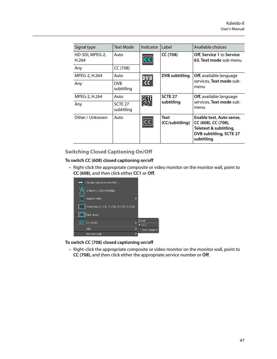 Switching closed captioning on/off | Grass Valley Kaleido-X v.7.80 User Manual | Page 55 / 557