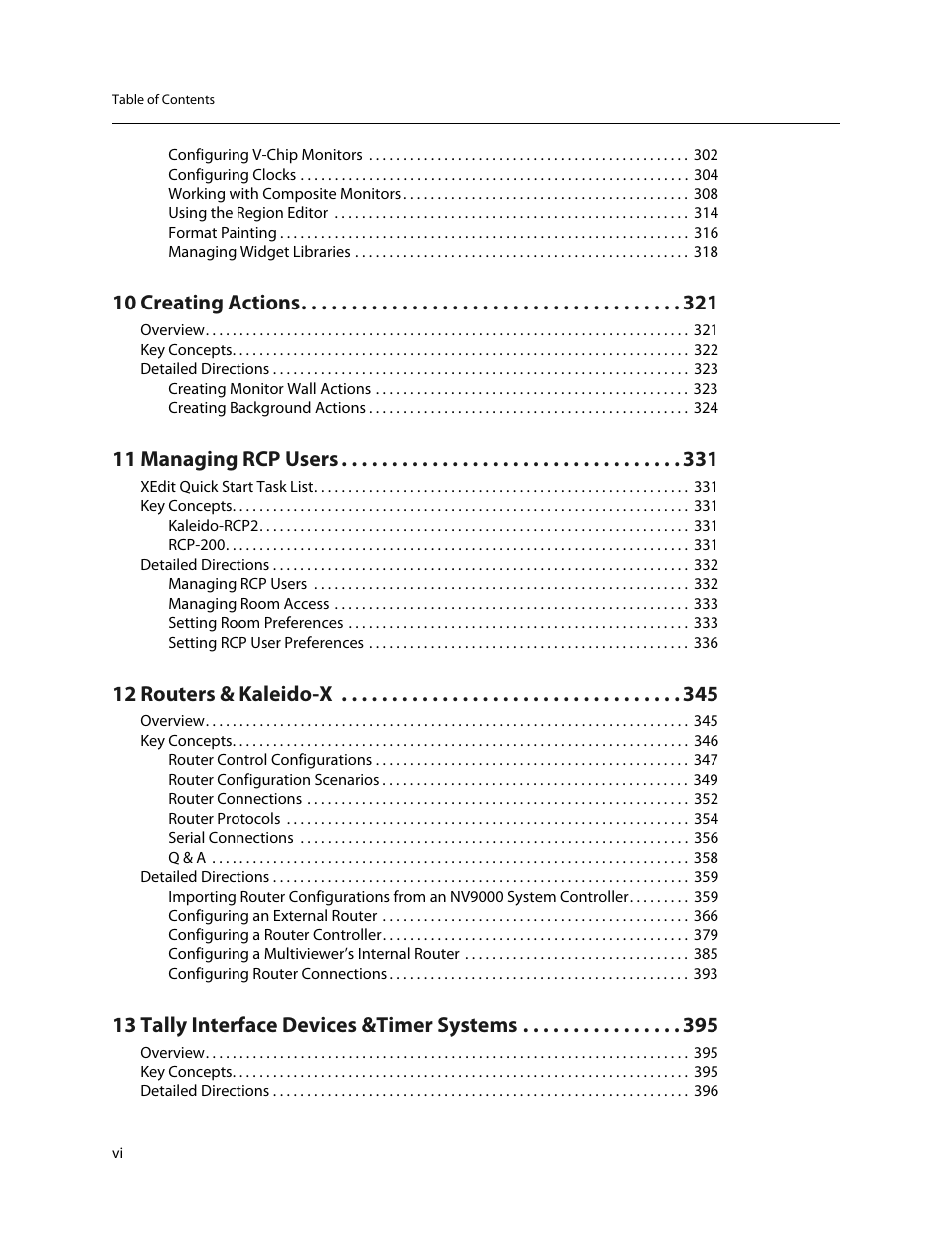 10 creating actions, 11 managing rcp users, 12 routers & kaleido-x | 13 tally interface devices &timer systems | Grass Valley Kaleido-X v.7.80 User Manual | Page 6 / 557