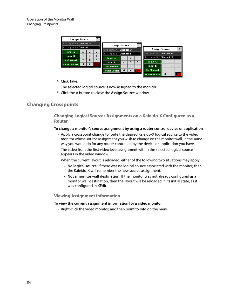 Changing crosspoints, Viewing assignment information | Grass Valley Kaleido-X v.7.80 User Manual | Page 62 / 557