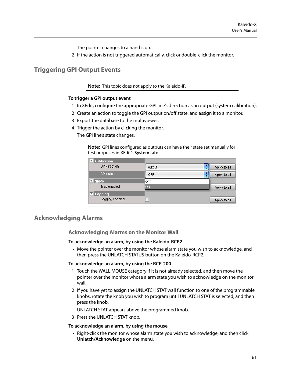 Triggering gpi output events, Acknowledging alarms, Acknowledging alarms on the monitor wall | Triggering gpi output events acknowledging alarms | Grass Valley Kaleido-X v.7.80 User Manual | Page 69 / 557