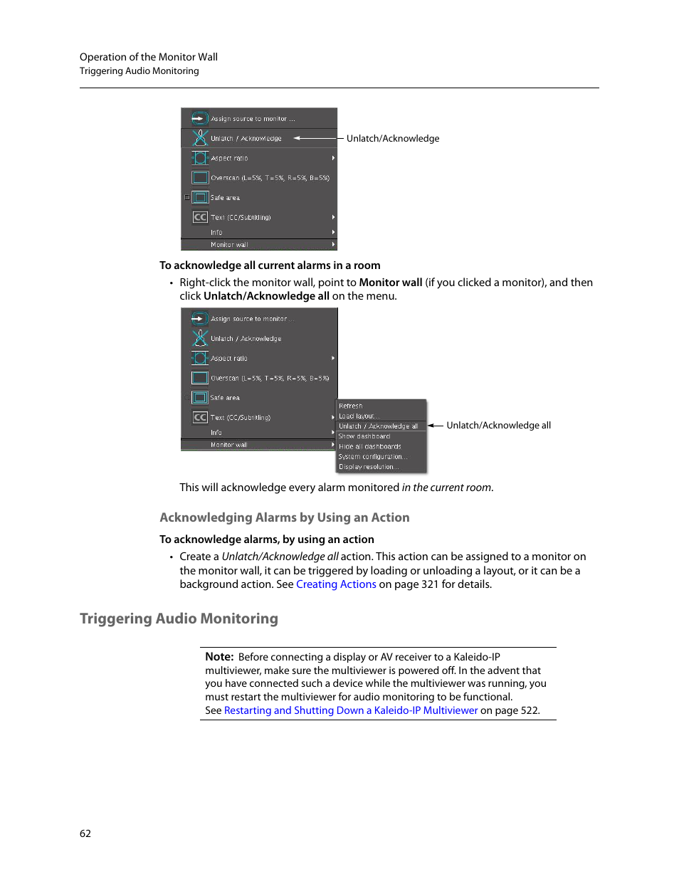 Acknowledging alarms by using an action, Triggering audio monitoring, Sound. see | Triggering audio, Monitoring | Grass Valley Kaleido-X v.7.80 User Manual | Page 70 / 557