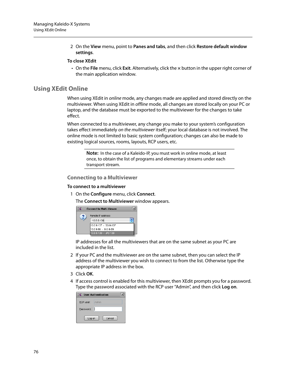 Using xedit online, Connecting to a multiviewer | Grass Valley Kaleido-X v.7.80 User Manual | Page 84 / 557