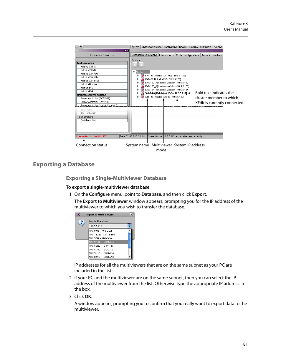 Exporting a database, Exporting a single-multiviewer database | Grass Valley Kaleido-X v.7.80 User Manual | Page 89 / 557