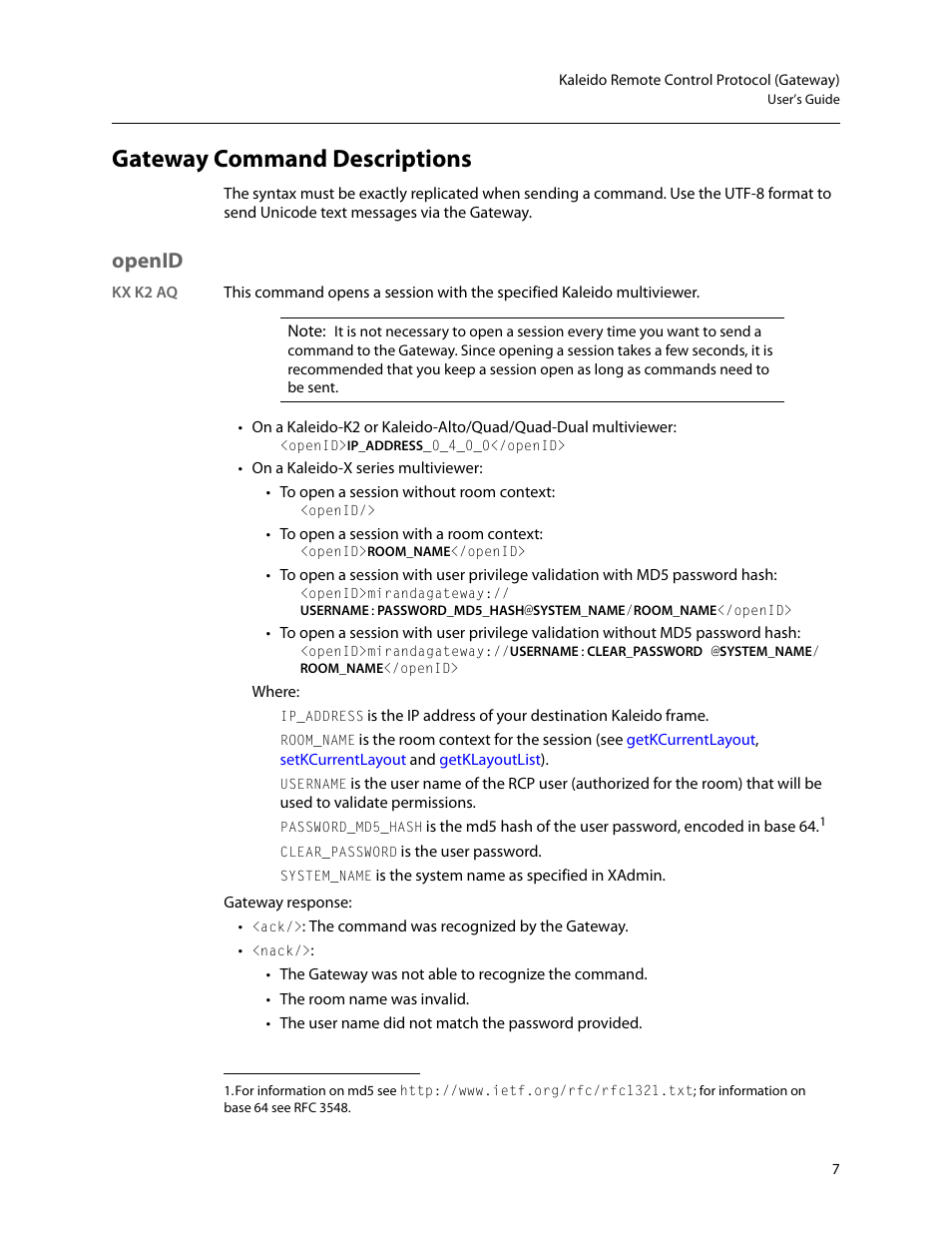 Gateway command descriptions, Openid | Grass Valley Kaleido Remote Control Protocol Gateway Jan.09 2014 User Manual | Page 11 / 37