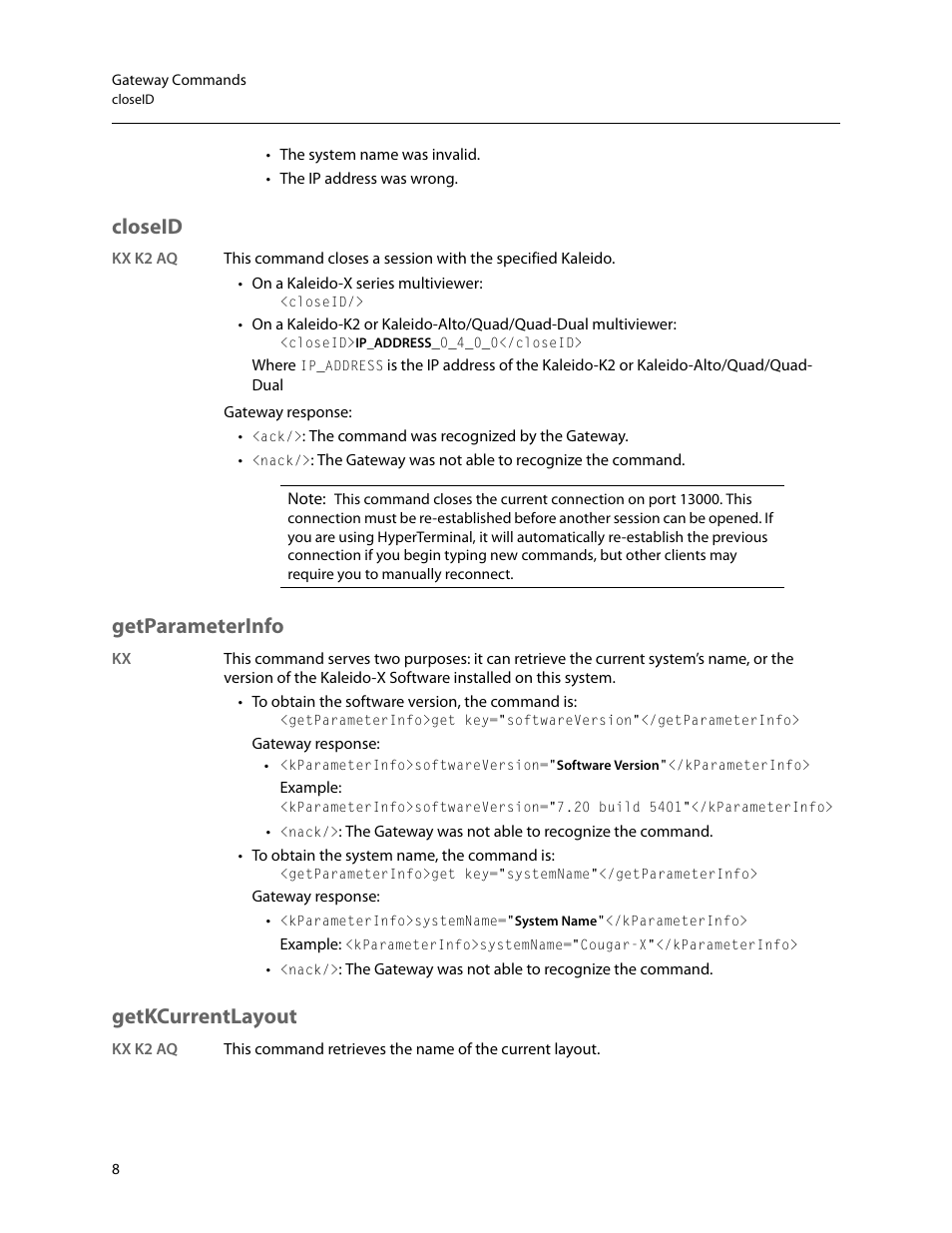 Closeid, Getparameterinfo, Getkcurrentlayout | Grass Valley Kaleido Remote Control Protocol Gateway Jan.09 2014 User Manual | Page 12 / 37