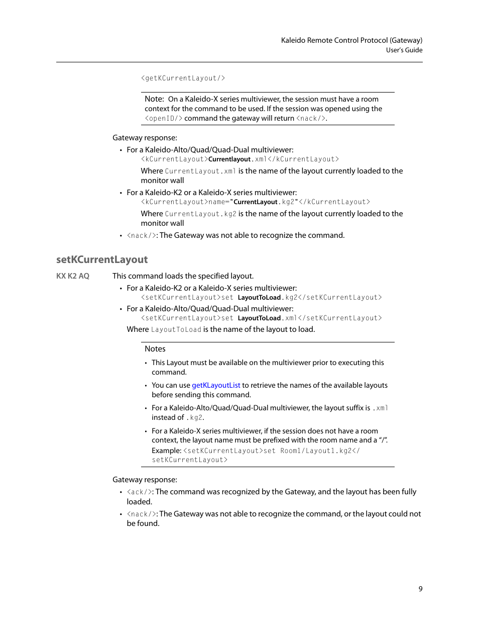 Setkcurrentlayout | Grass Valley Kaleido Remote Control Protocol Gateway Jan.09 2014 User Manual | Page 13 / 37