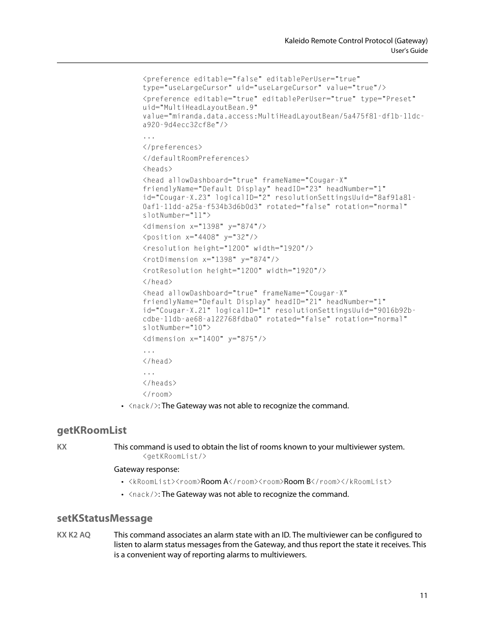 Getkroomlist, Setkstatusmessage | Grass Valley Kaleido Remote Control Protocol Gateway Jan.09 2014 User Manual | Page 15 / 37