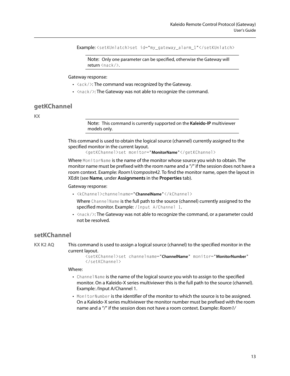Getkchannel, Setkchannel | Grass Valley Kaleido Remote Control Protocol Gateway Jan.09 2014 User Manual | Page 17 / 37