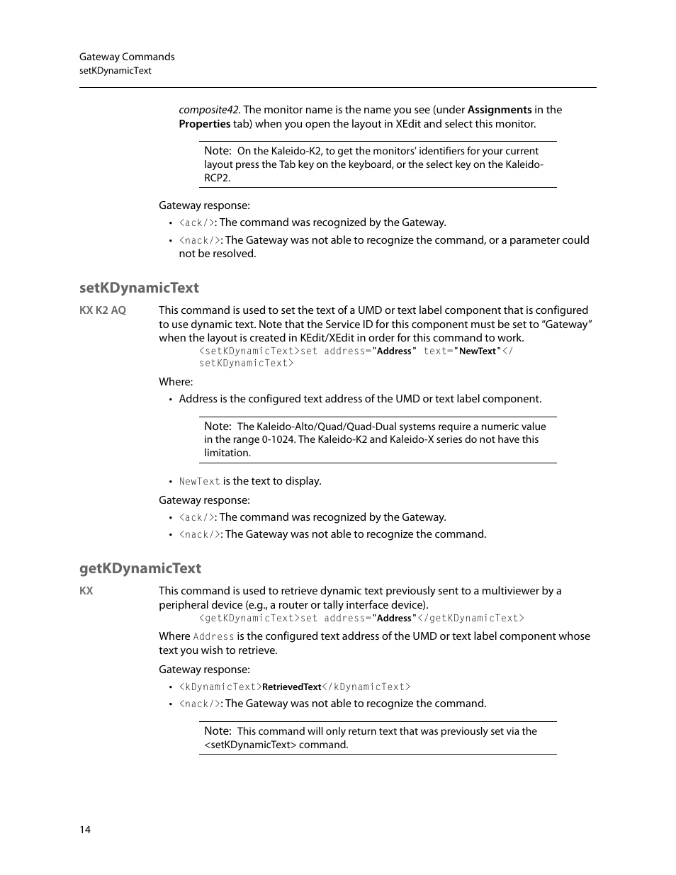 Setkdynamictext, Getkdynamictext | Grass Valley Kaleido Remote Control Protocol Gateway Jan.09 2014 User Manual | Page 18 / 37