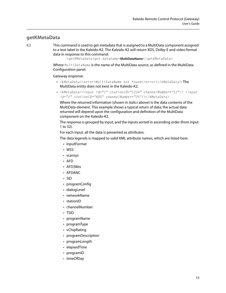 Getkmetadata | Grass Valley Kaleido Remote Control Protocol Gateway Jan.09 2014 User Manual | Page 19 / 37